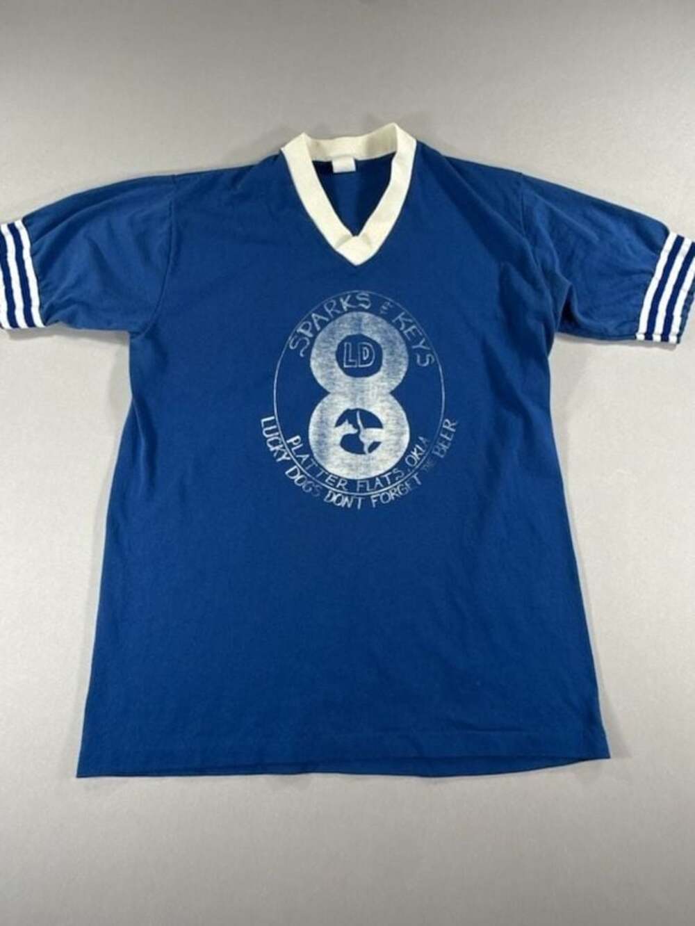 Vintage Single Stitch MJ Soffe Company Blue V-Neck Ringer T-Shirt Sparks & Keys